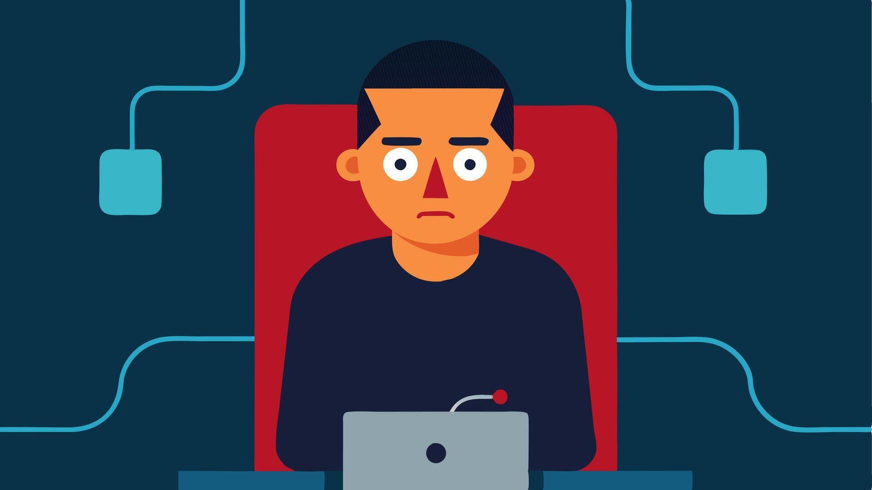 Suspects Expression A of a nervouslooking suspect sitting in a chair with furrowed brows and biting their lip. The polygraph machine is connected to their fingertips.. vector