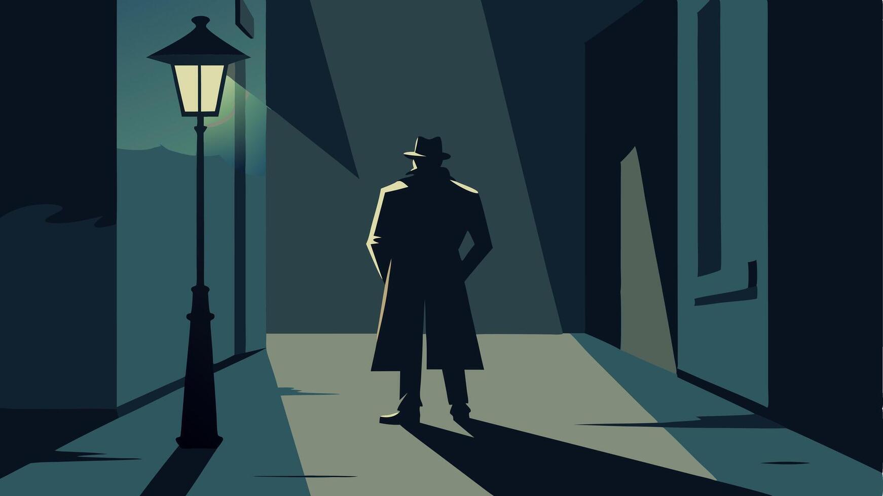 Shadowy Alley Show the detective silhouetted against a dimly lit alley trench coat billowing as he peers around a corner a street lamp illuminating the scene.. vector