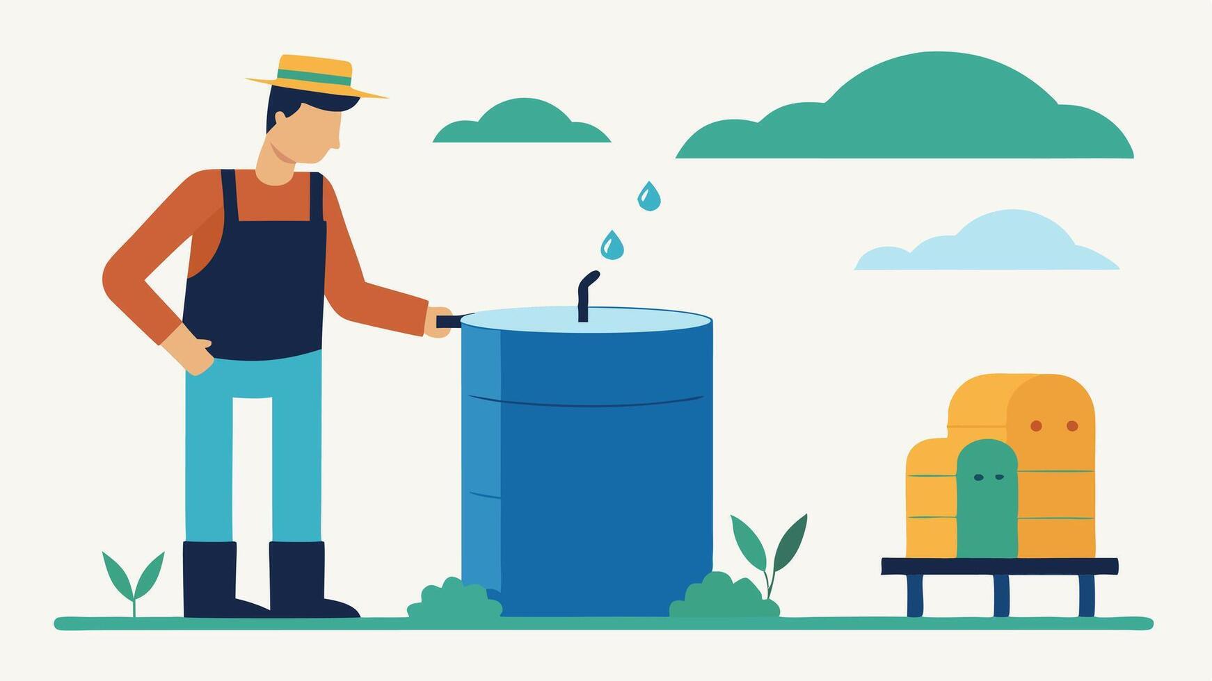 Water Conservation A farmer installing a rainwater harvesting system showcasing techniques for conserving water in agricultural practices.. vector