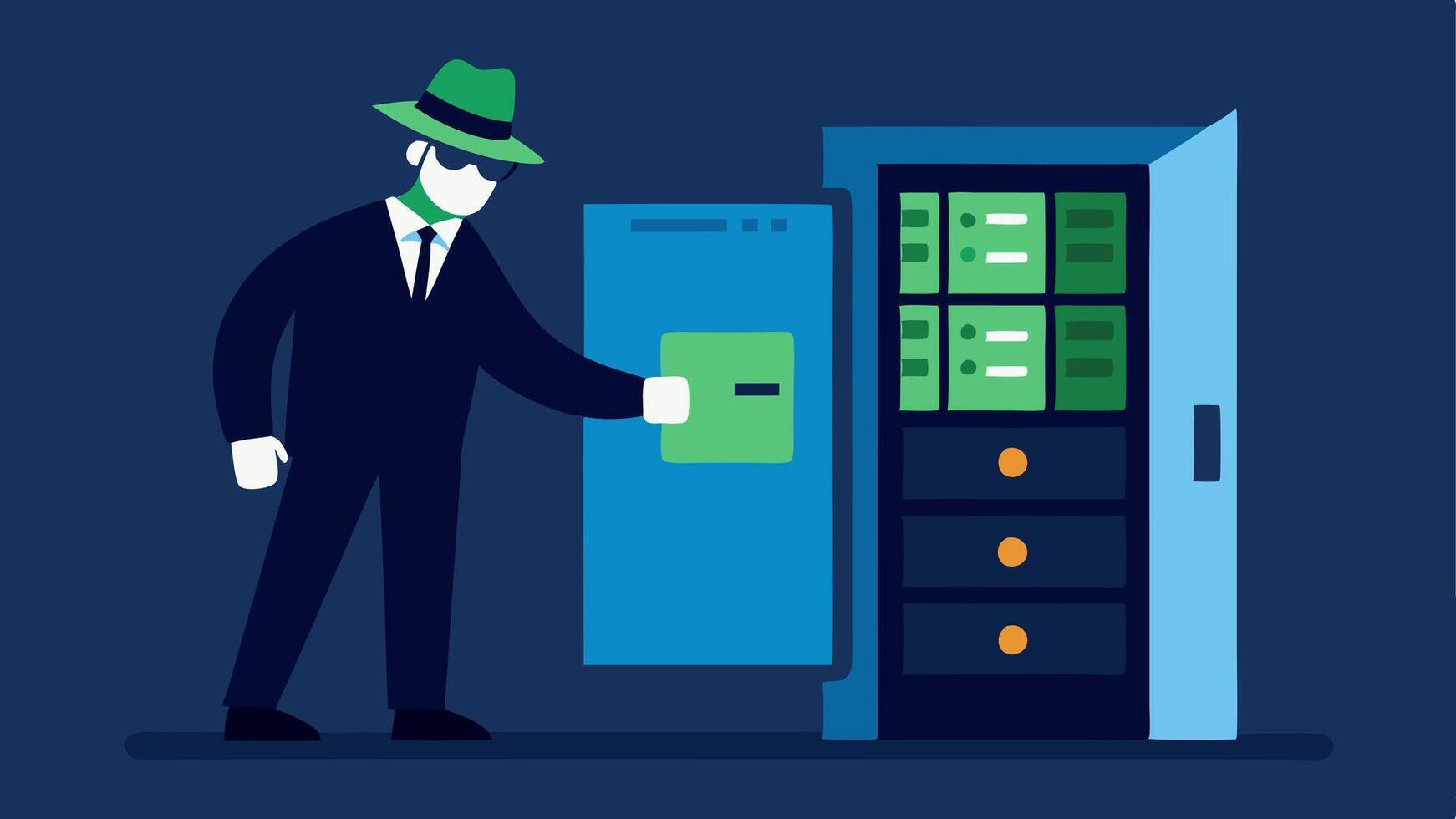 Secure Storage A illustration showing an investigator locking a digital storage device in a secure evidence locker with a background of a data center.. vector