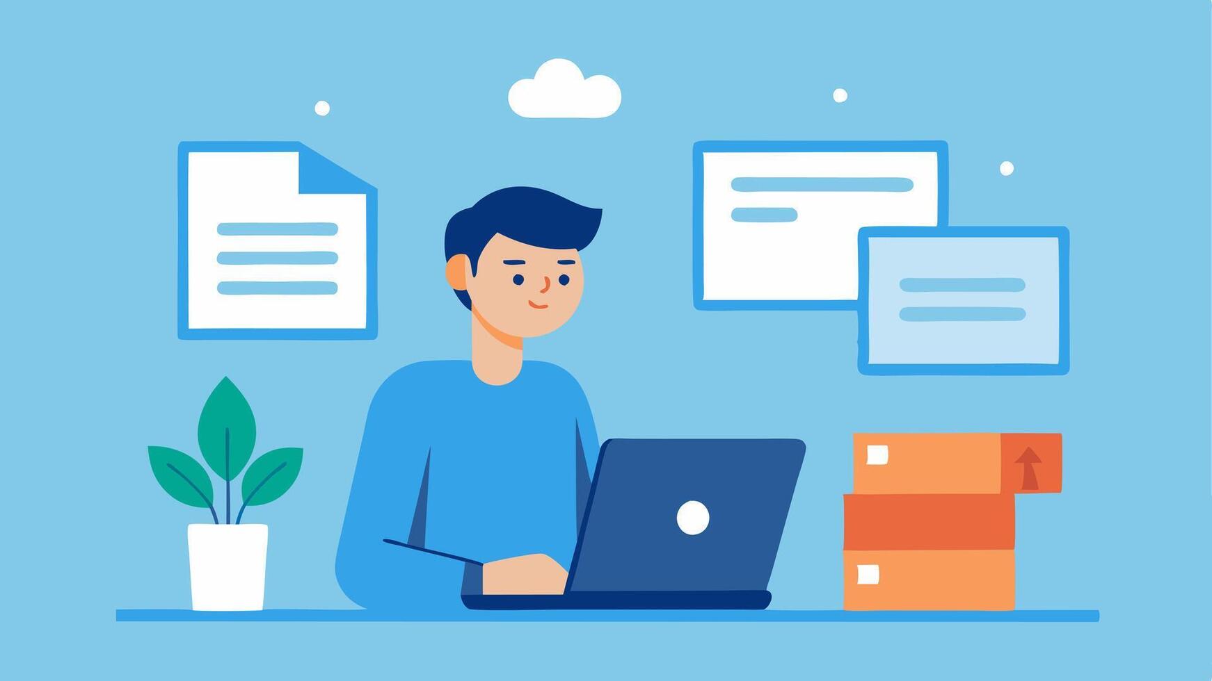 Return Management A professional managing returns looking at a return request on a laptop while organizing returned items in the background.. vector