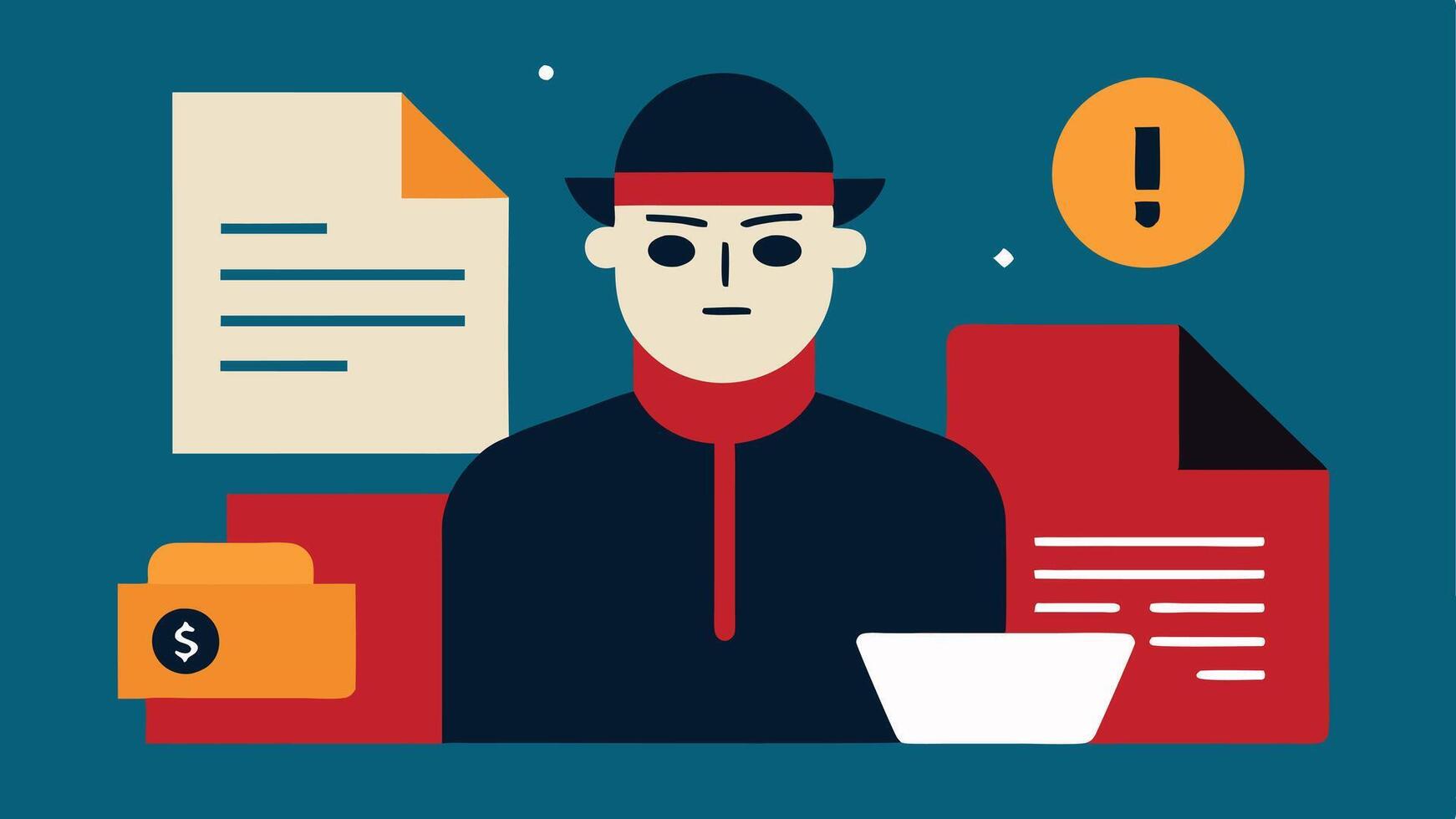 These descriptions can serve as inspiration for illustrations that portray the theme of a criminal using forged documents.. vector