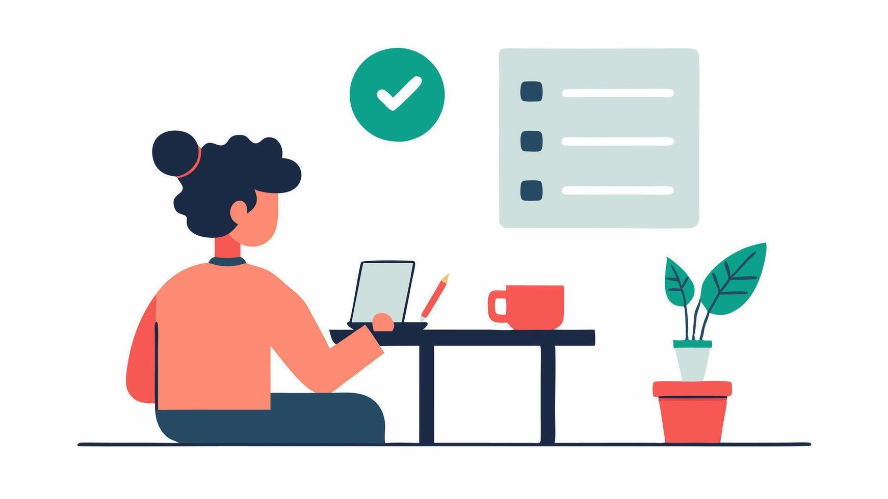 Survey Taking An individual sitting at a coffee table filling out an online survey about a recently tested product with the product next to them.. vector