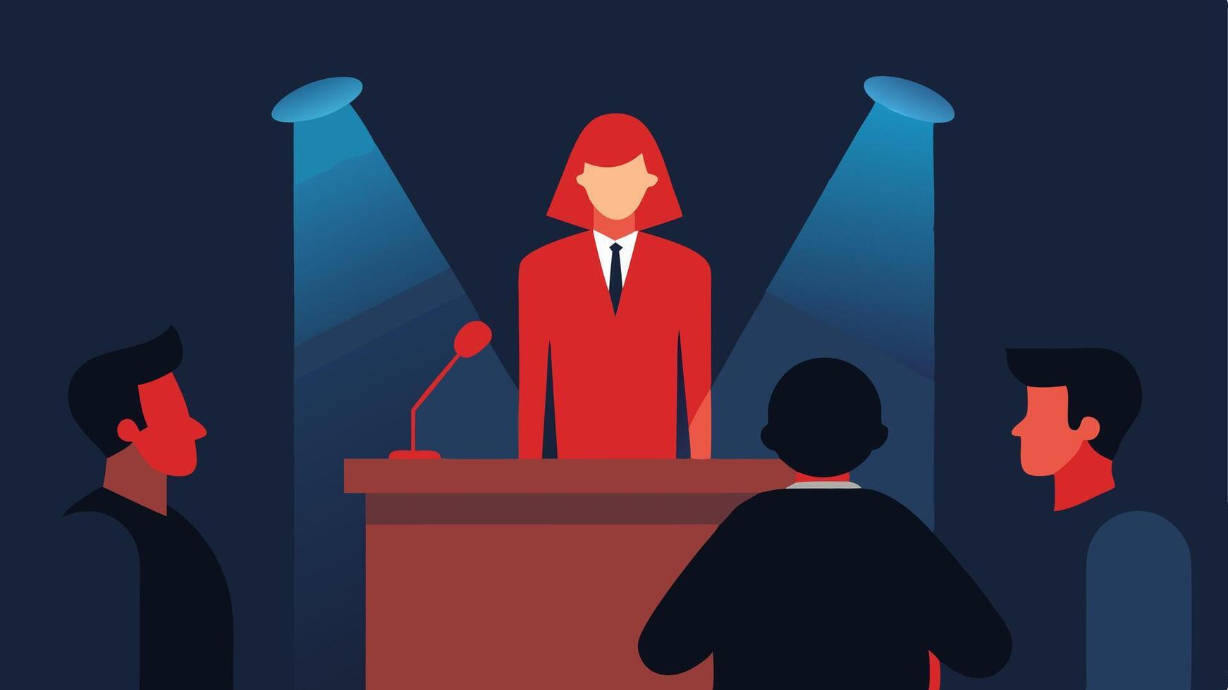 Subdued Lighting The courtroom is depicted with subdued lighting creating a somber atmosphere as the victim shares their impact statement.. vector