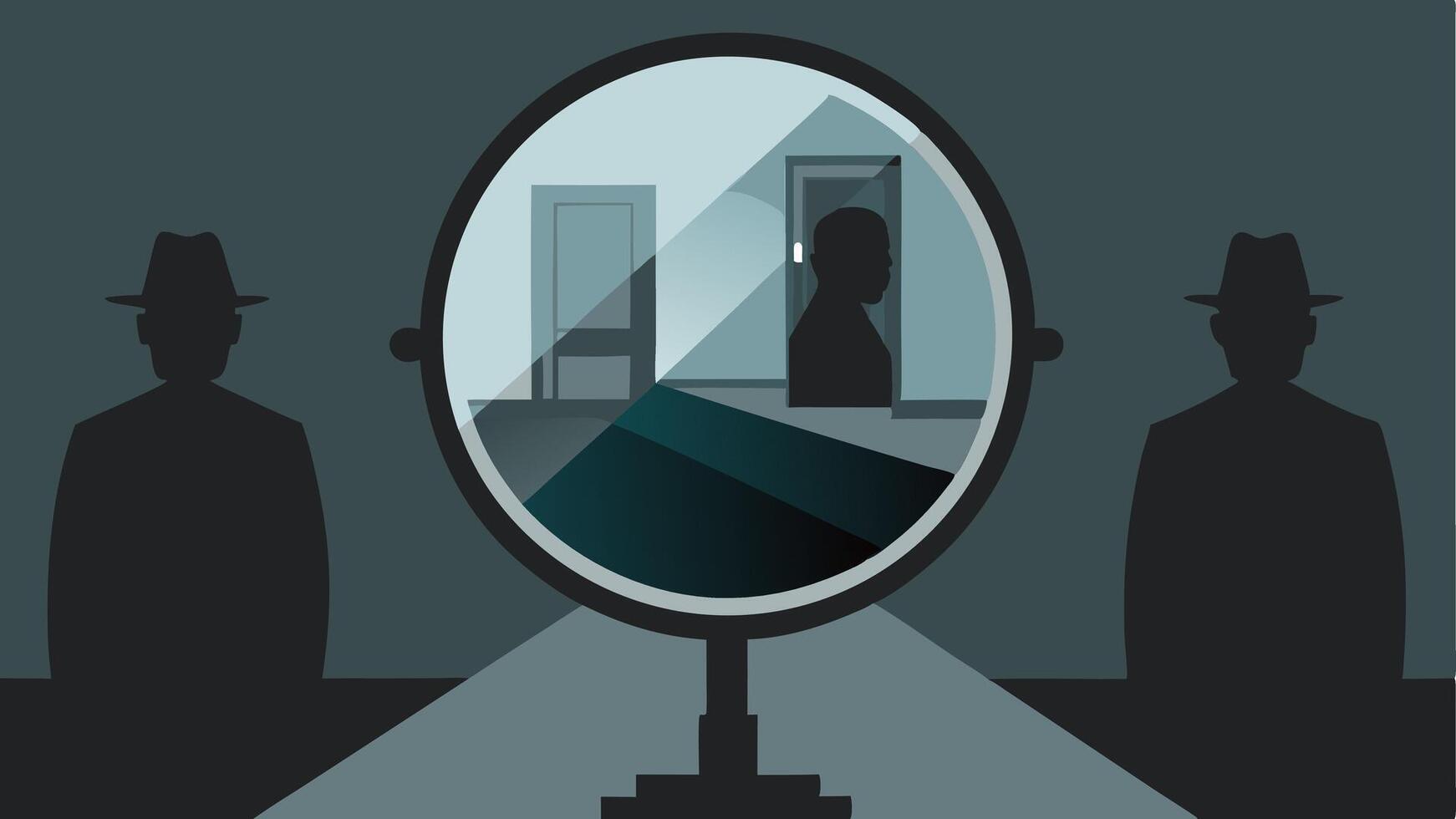 TwoWay Mirror Focus A closeup view of the twoway mirror reflecting the silhouettes of investigators while revealing an empty interrogation space.. vector