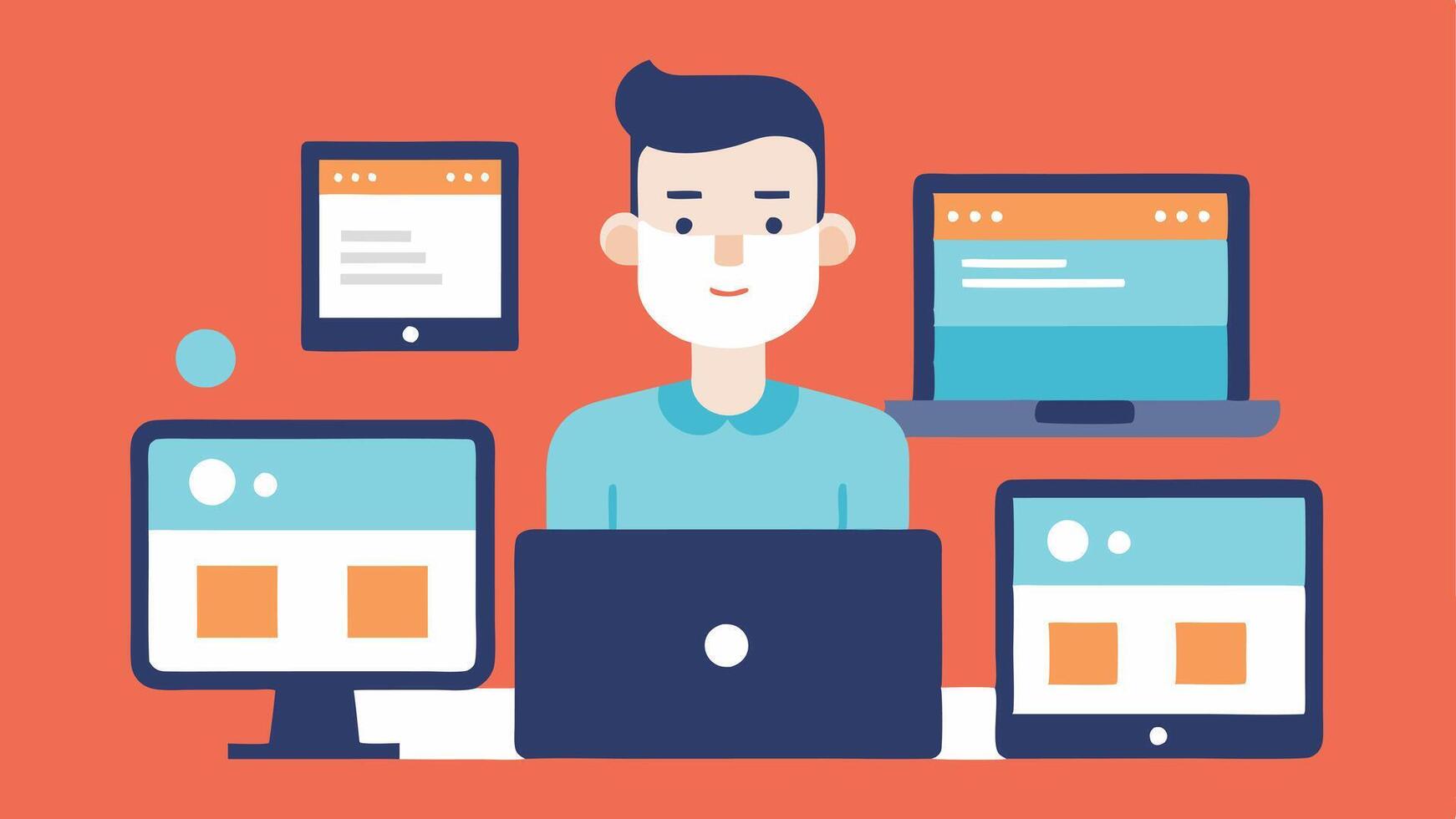 Responsive Design An illustration of a web developer testing a website on multiple devices desktop tablet smartphone to ensure responsive design.. vector