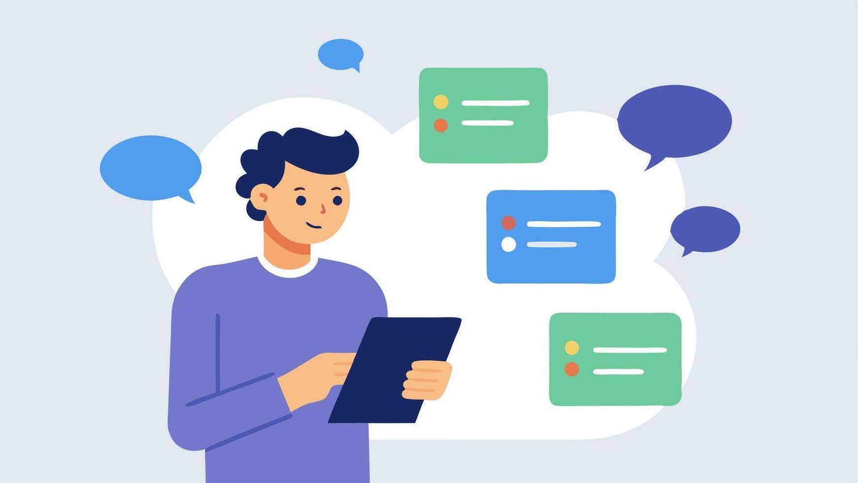 User Testing Session A product manager observing users at computers taking notes on a clipboard as they interact with a new software application with thought bubbles depicting user. vector