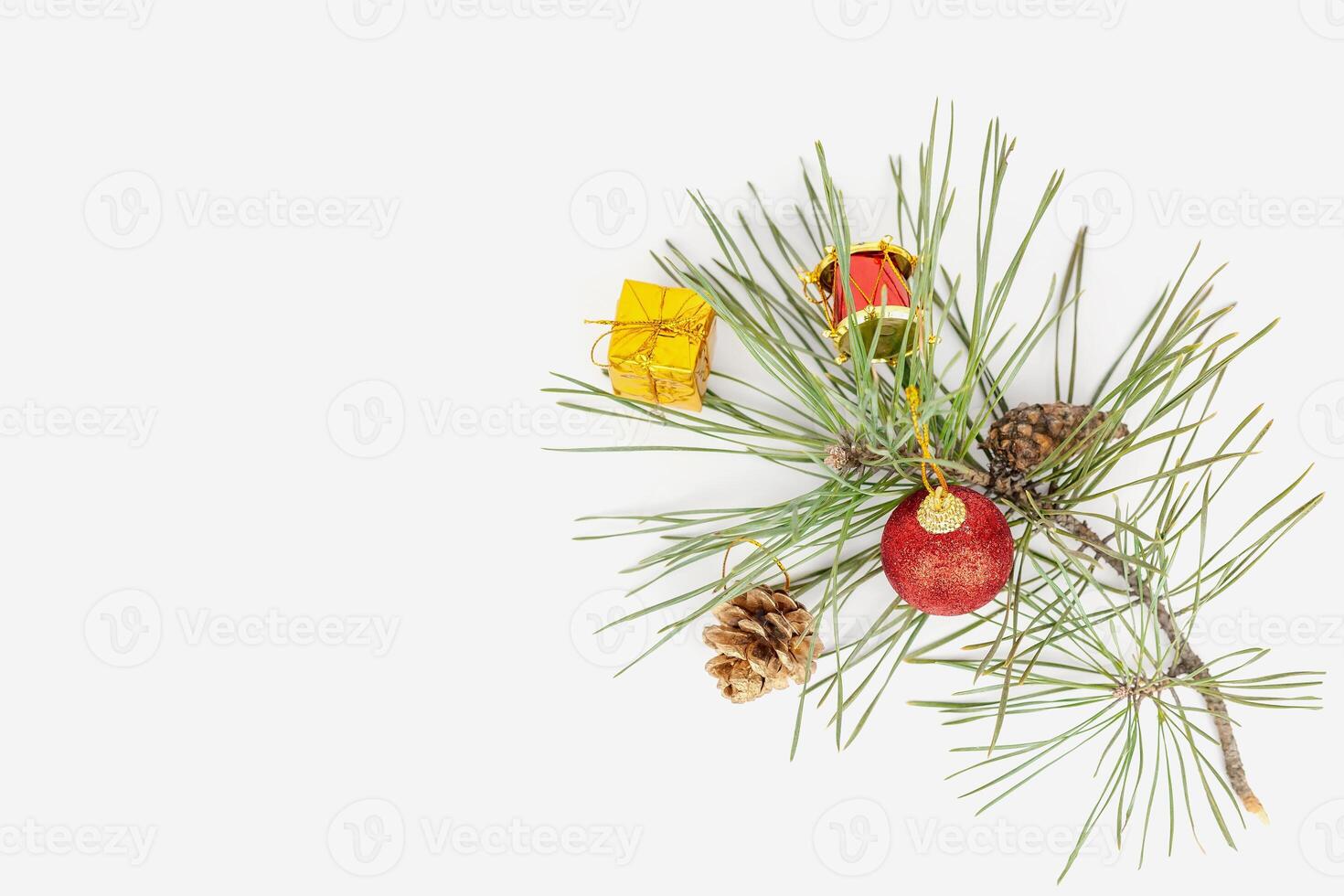 Christmas flat lay styled scene - top view frame with evergreen tree twigs and christmas decorations photo