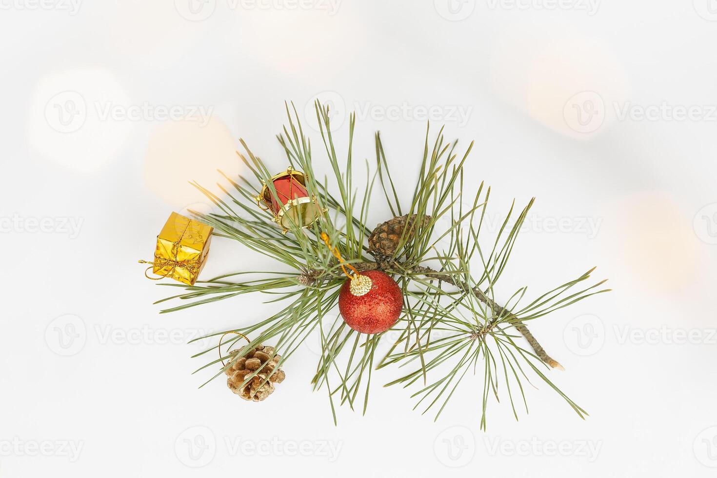 Christmas flat lay styled scene - top view frame with evergreen tree twigs and christmas decorations photo