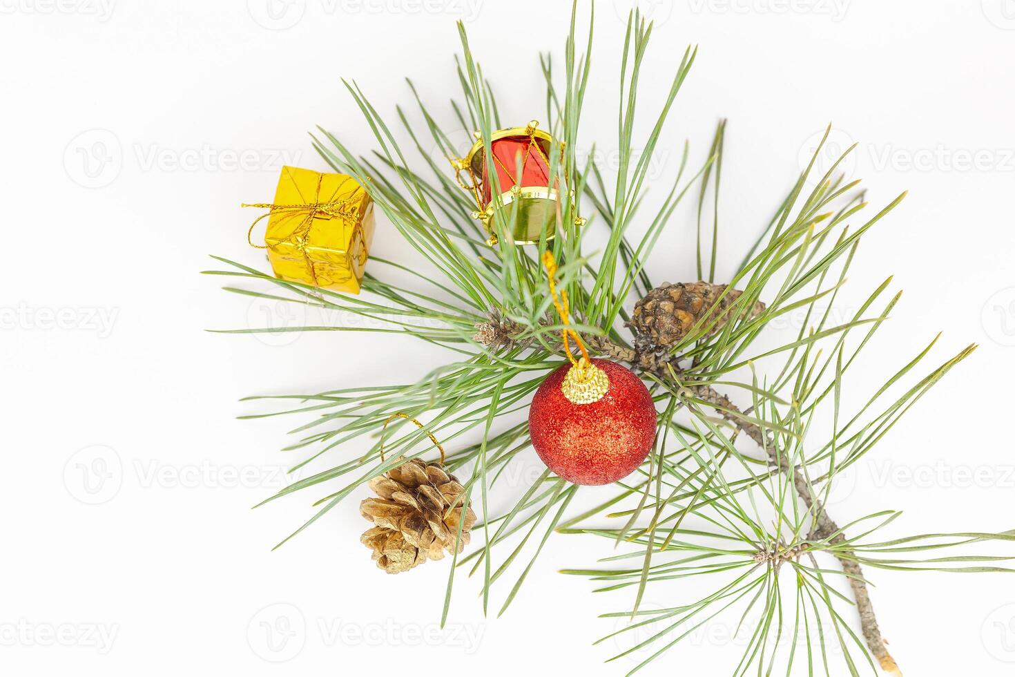Christmas flat lay styled scene - top view frame with evergreen tree twigs and christmas decorations photo