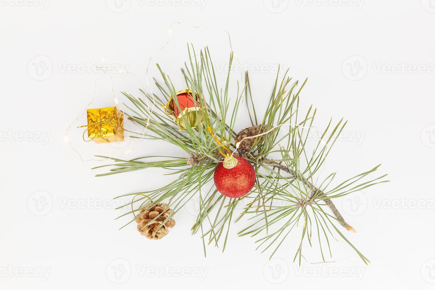 Christmas flat lay styled scene - top view frame with evergreen tree twigs and christmas decorations photo