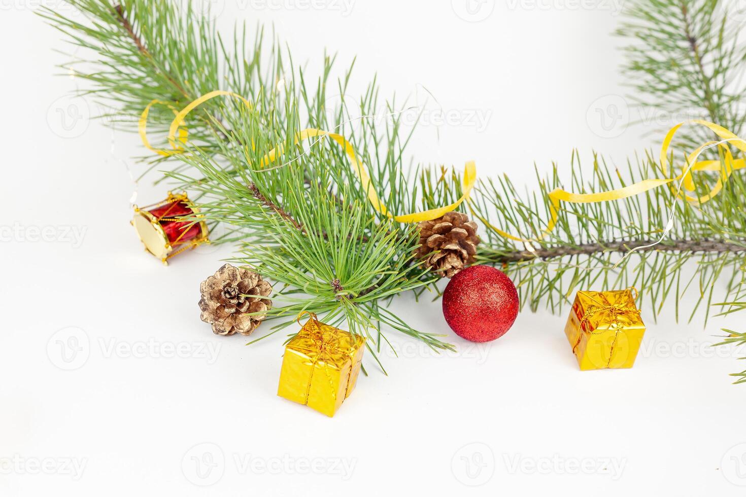 Christmas flat lay styled scene - top view frame with evergreen tree twigs and christmas decorations photo