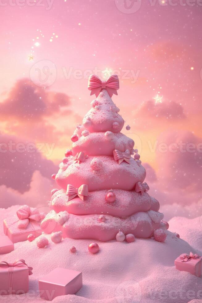 Happy new year, coquette cute girly pink christmas tree with bow. photo