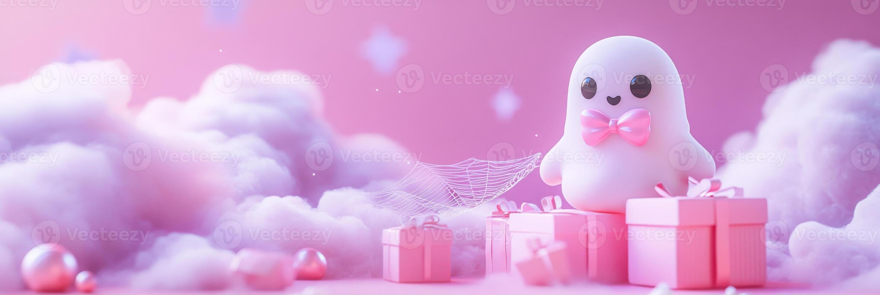 banner with coquette cute girly pink halloween gost with a bow 3d style. photo