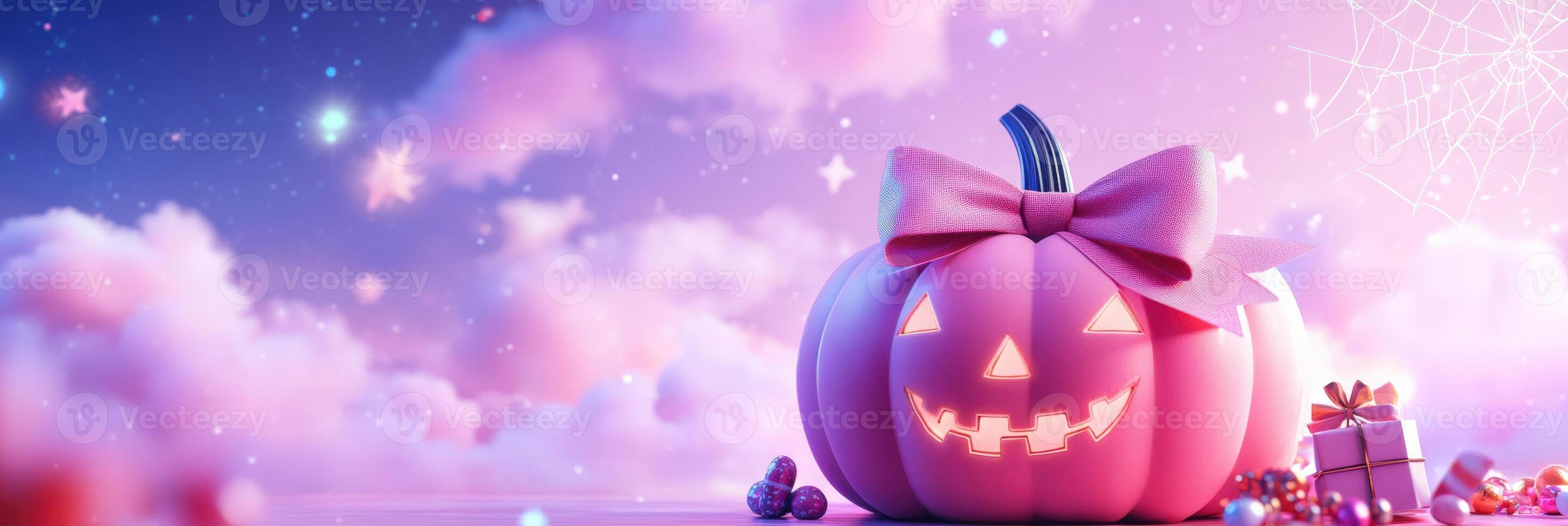 banner with coquette cute girly pink halloween pumpkin with a bow 3d style. photo