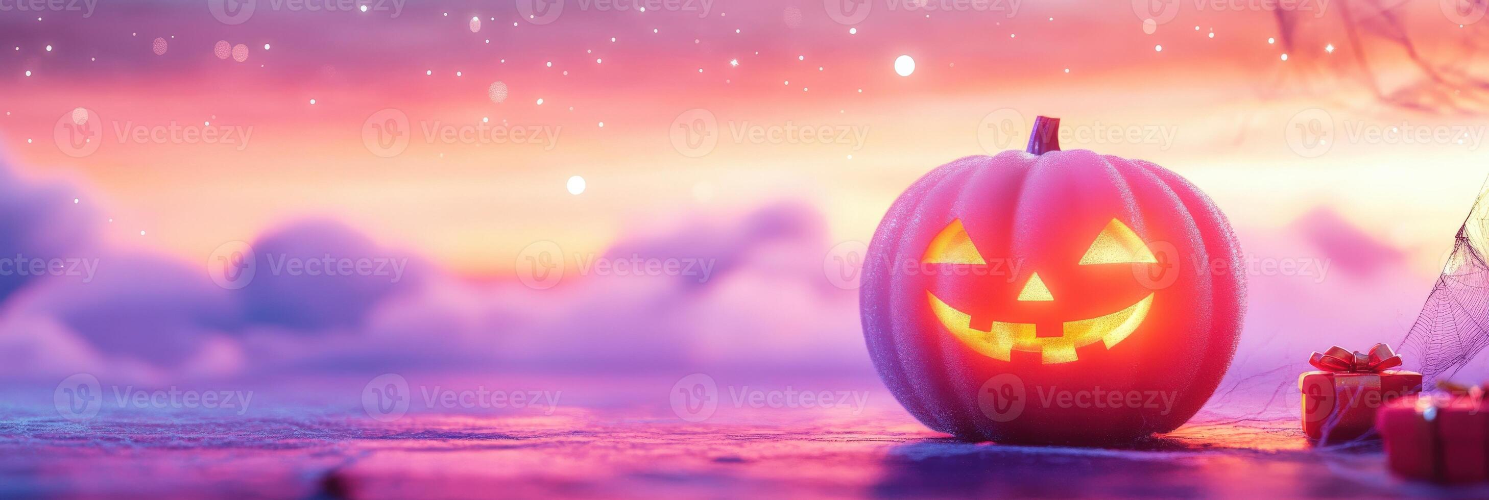 banner with coquette cute girly pink halloween pumpkin with a bow 3d style. photo