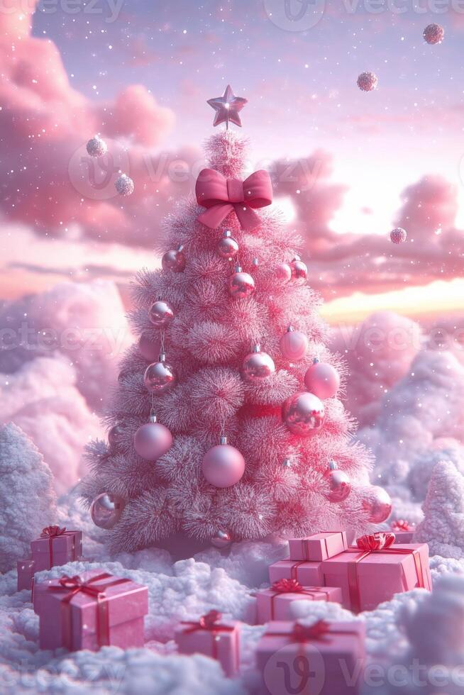 Happy new year, coquette cute girly pink christmas tree with bow. photo