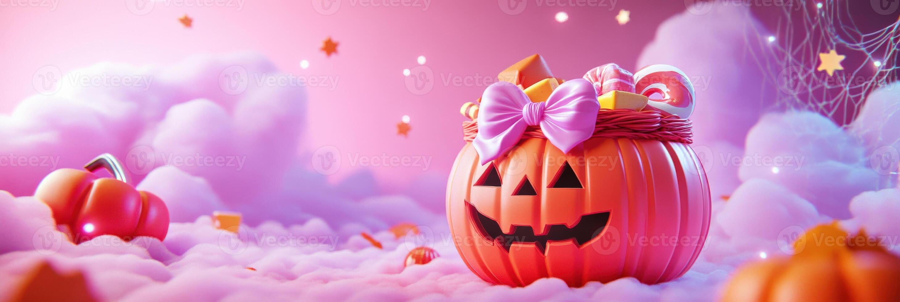 banner with coquette cute girly pink halloween pumpkin with a bow 3d style. photo
