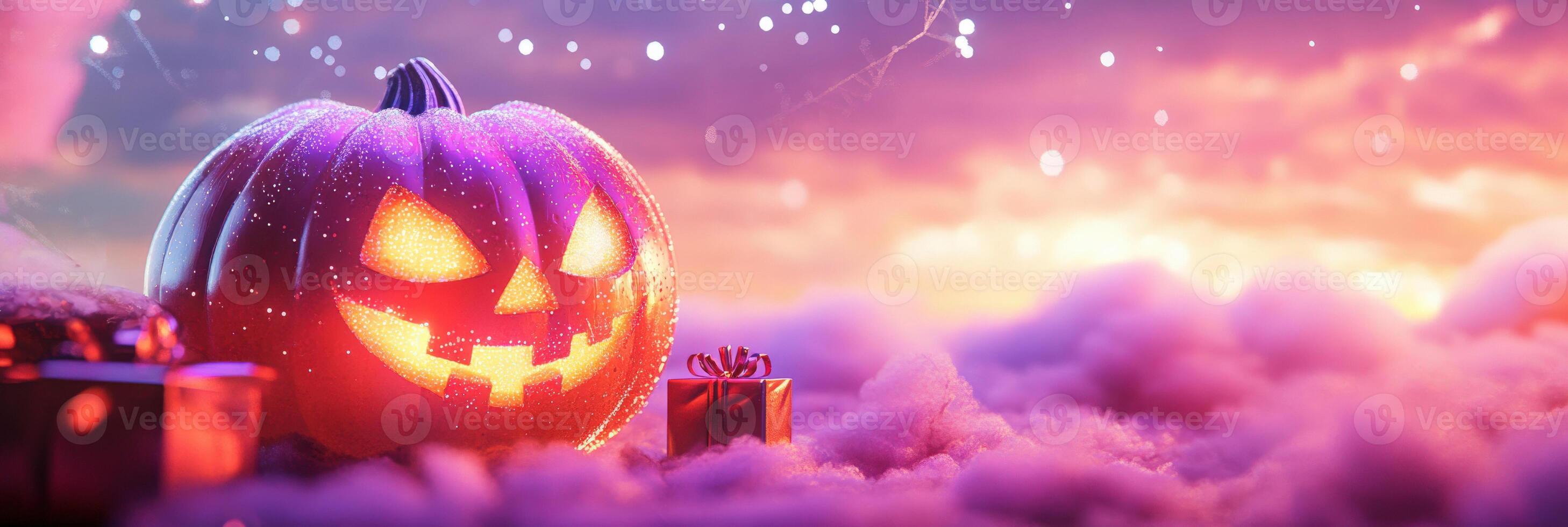 banner with coquette cute girly pink halloween pumpkin with a bow 3d style. photo