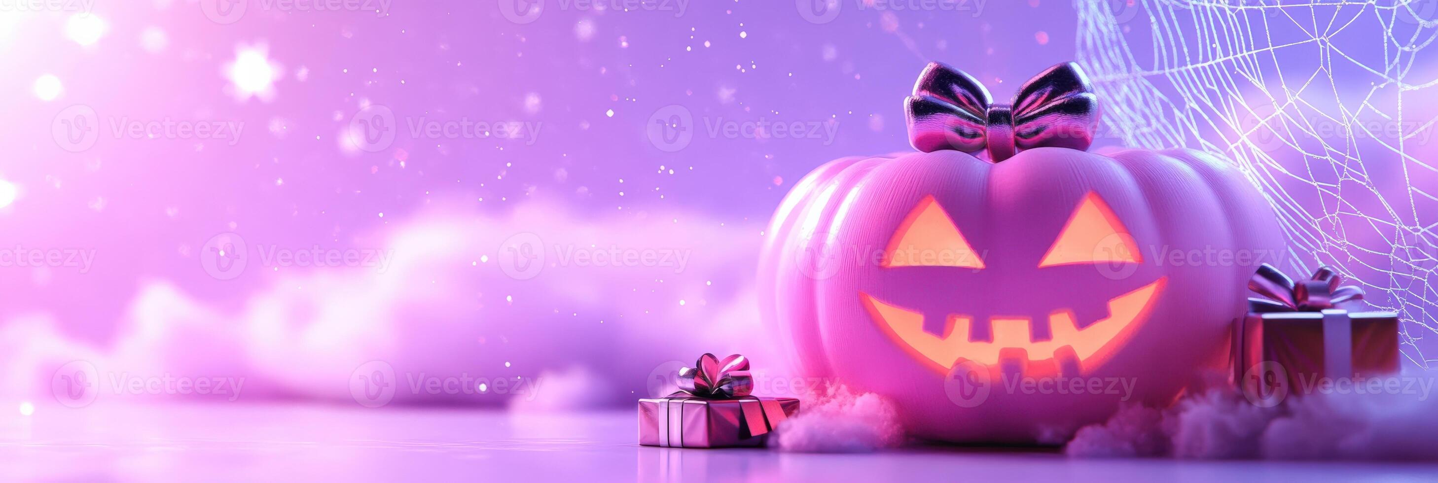 banner with coquette cute girly pink halloween pumpkin with a bow 3d style. photo