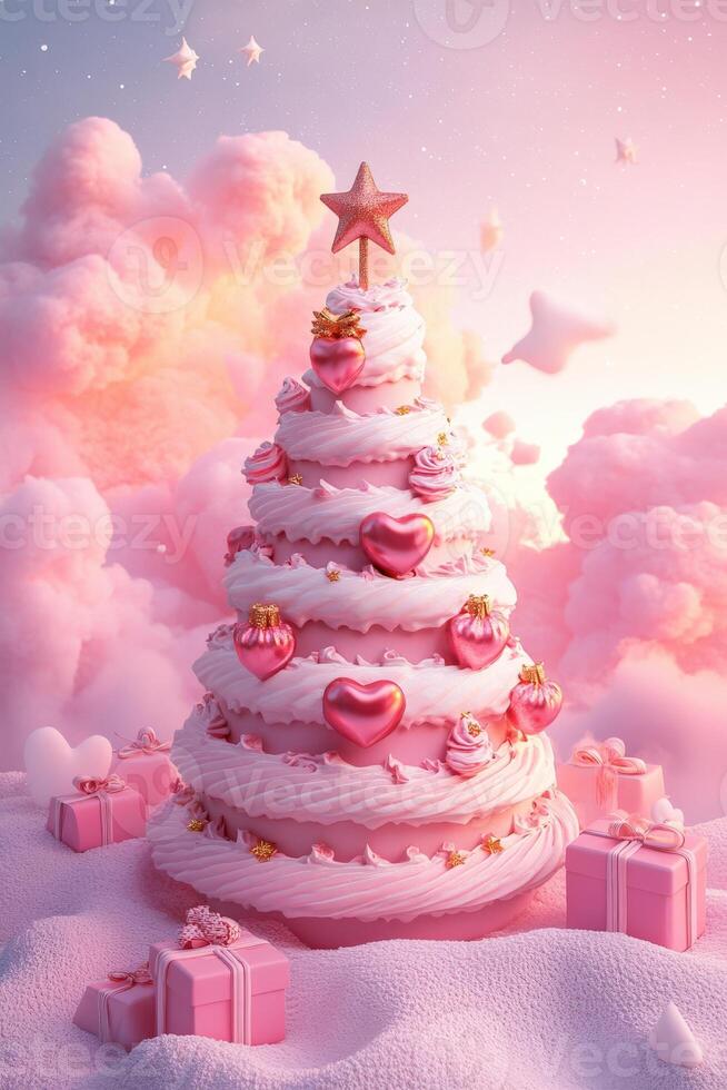 Happy new year, coquette cute girly pink christmas tree with bow. photo