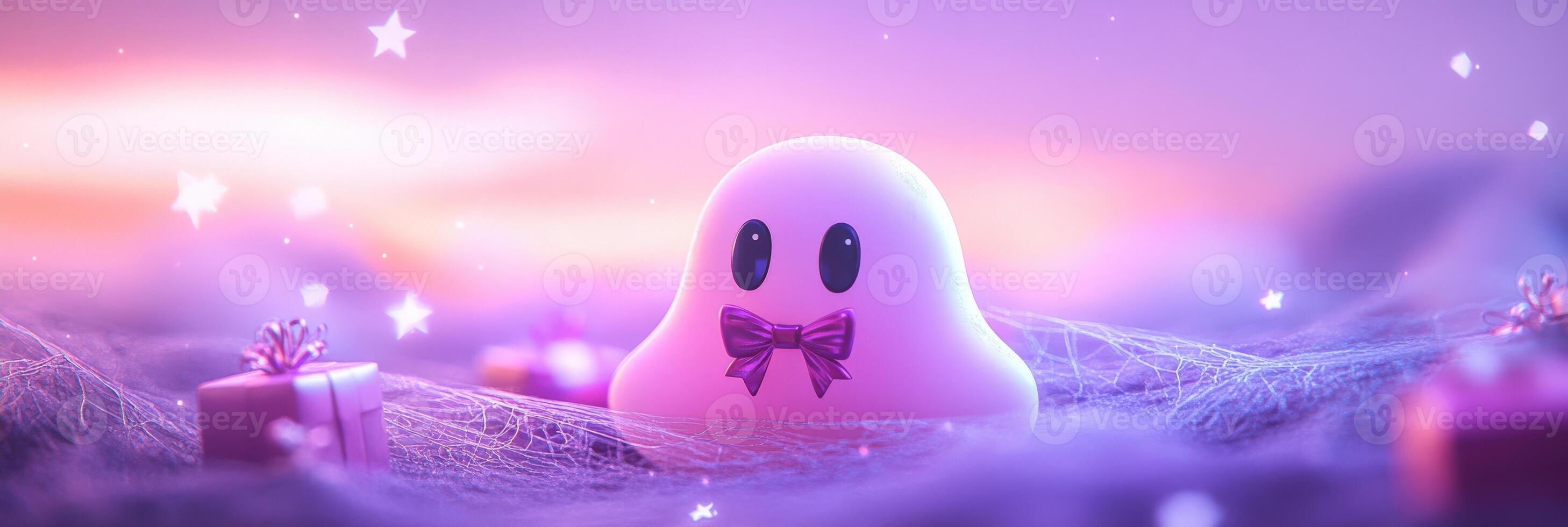 banner with coquette cute girly pink halloween gost with a bow 3d style. photo