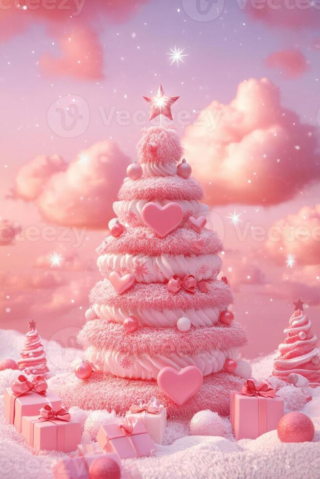 Happy new year, coquette cute girly pink christmas tree with bow. photo