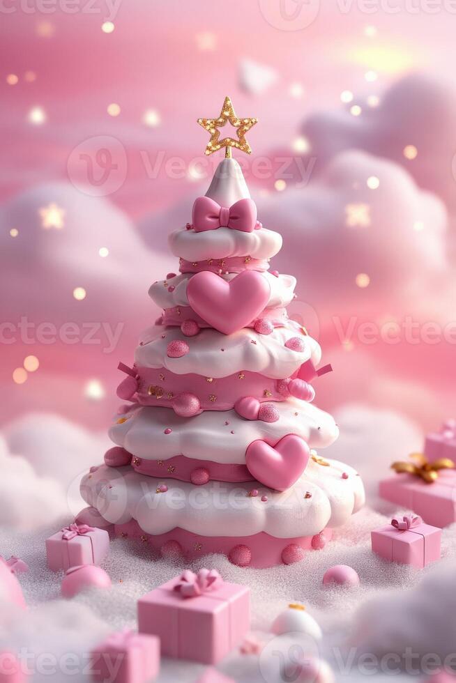 Happy new year, coquette cute girly pink christmas tree with bow. photo