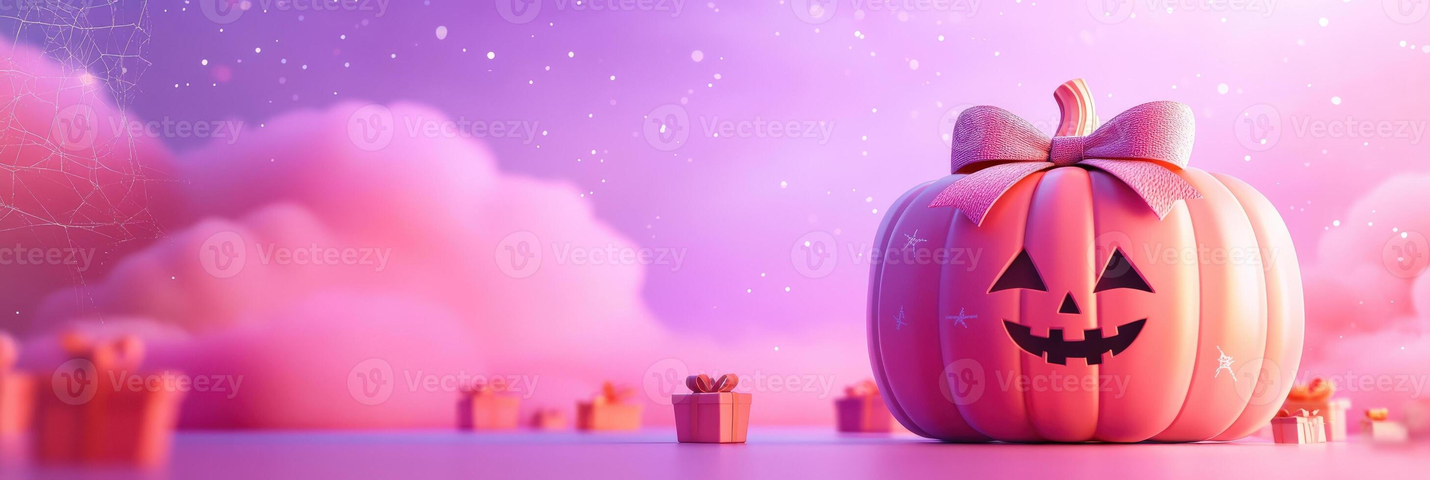banner with coquette cute girly pink halloween pumpkin with a bow 3d style. photo
