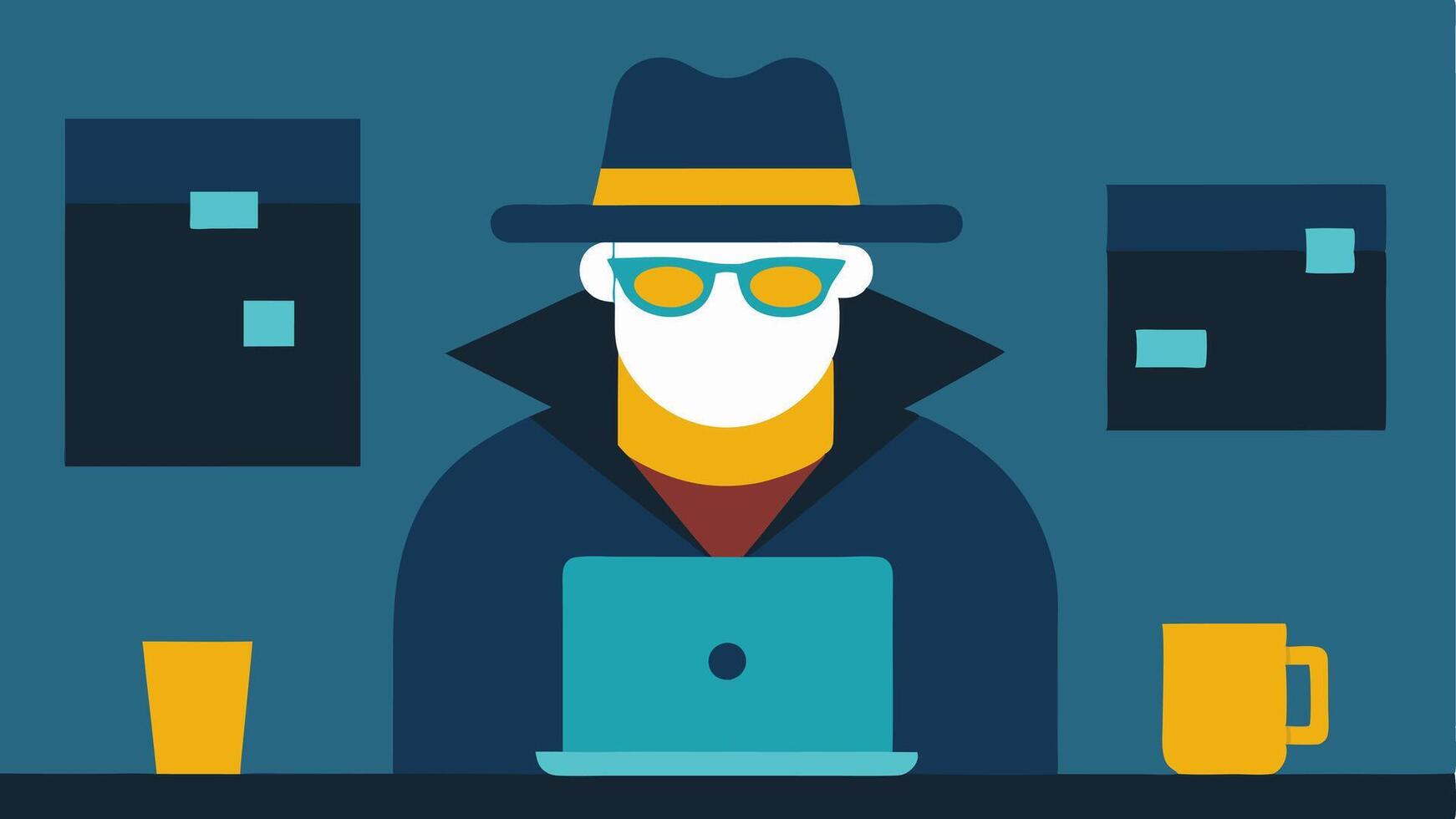 Undercover Operation An illustration of a plainclothes detective disguised as a hacker blending in at a coffee shop while monitoring the suspect.. vector