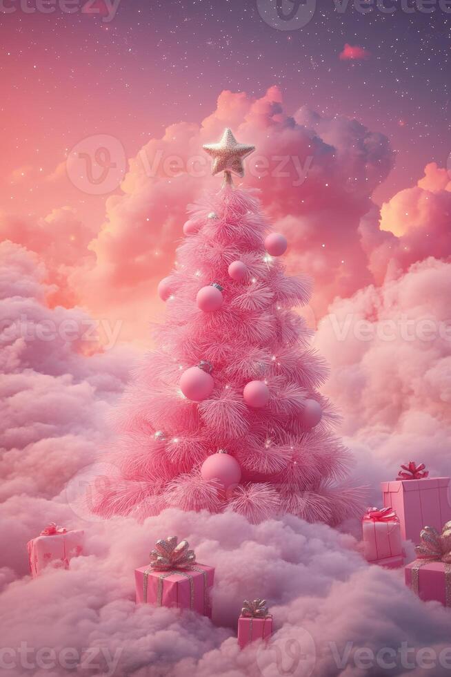 Happy new year, coquette cute girly pink christmas tree with bow. photo
