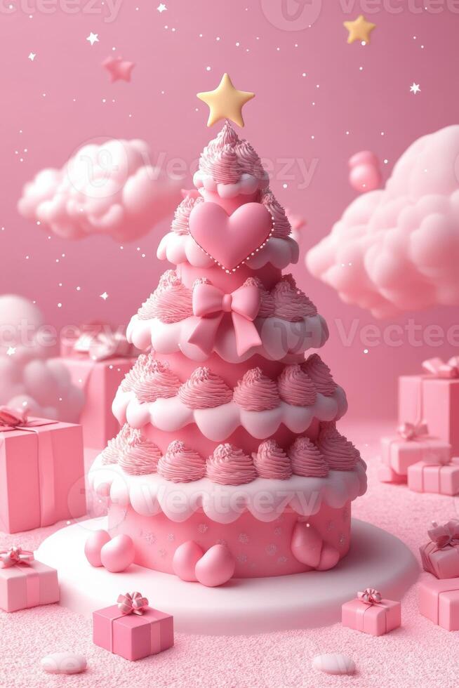 Happy new year, coquette cute girly pink christmas tree with bow. photo