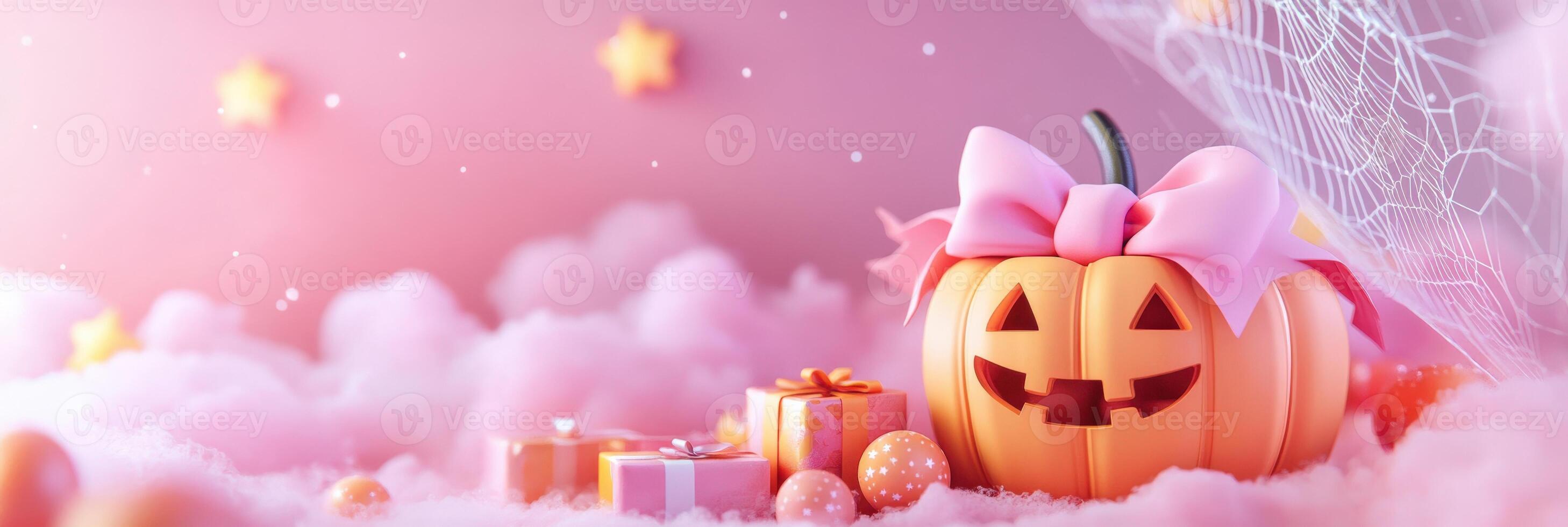 banner with coquette cute girly pink halloween pumpkin with a bow 3d style. photo