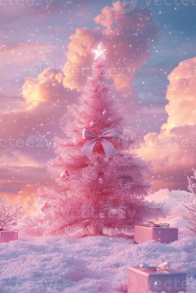 Happy new year, coquette cute girly pink christmas tree with bow. photo