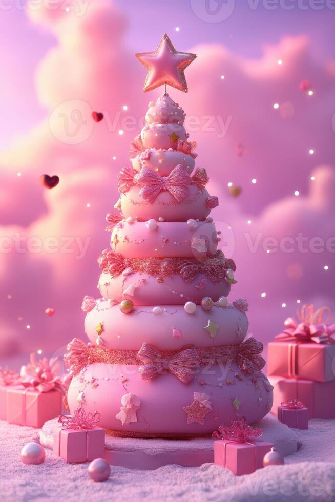 Happy new year, coquette cute girly pink christmas tree with bow. photo