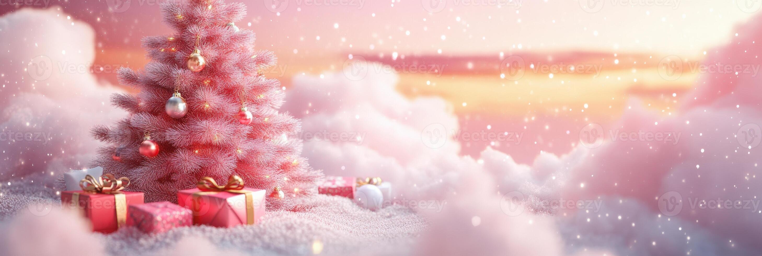 Happy new year, coquette cute girly pink christmas tree with bow. photo
