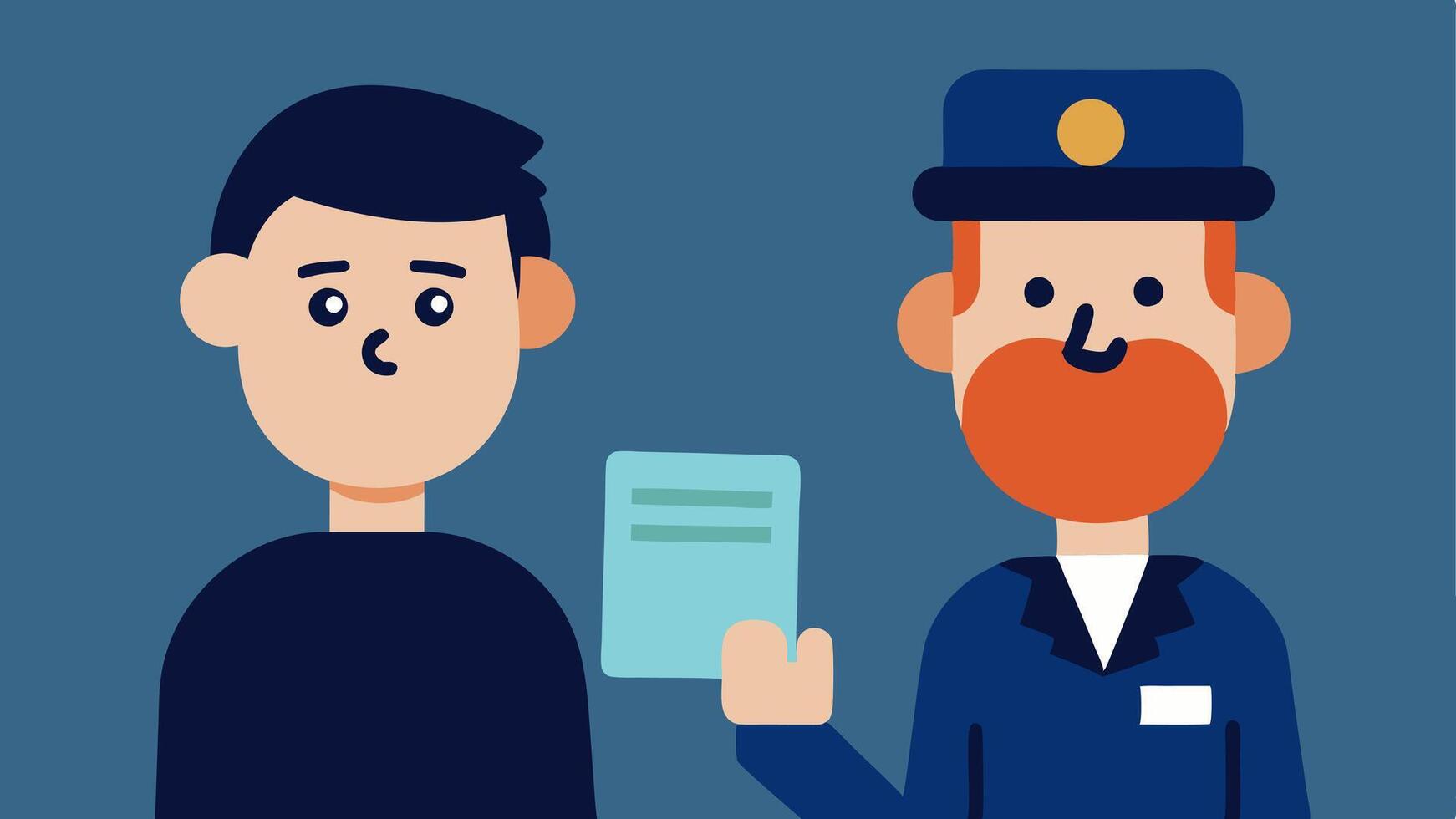 Suspect ID The suspect has a worried expression while a police officer holds up an identification card ready to take details for a report.. vector