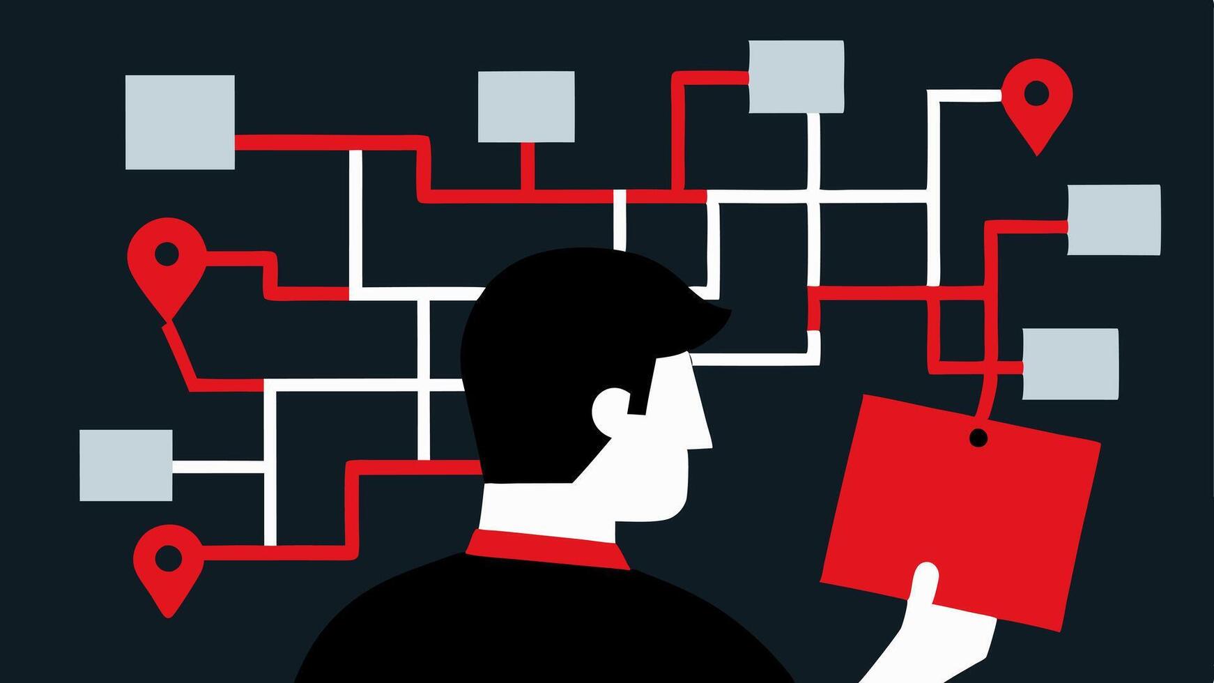 Secret Map A closeup of a prisoner studying a homemade map of the prison layout with escape routes highlighted in red.. vector