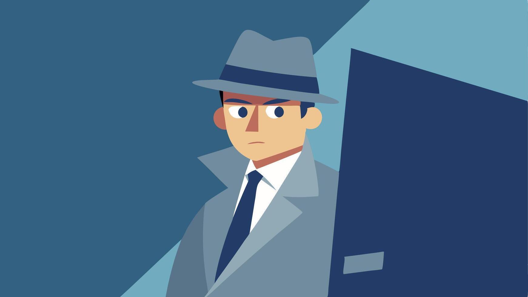 Stealthy Pose The detective peeking over the side of the car door wearing a fedora and trench coat with a hint of a smirk on their face.. vector