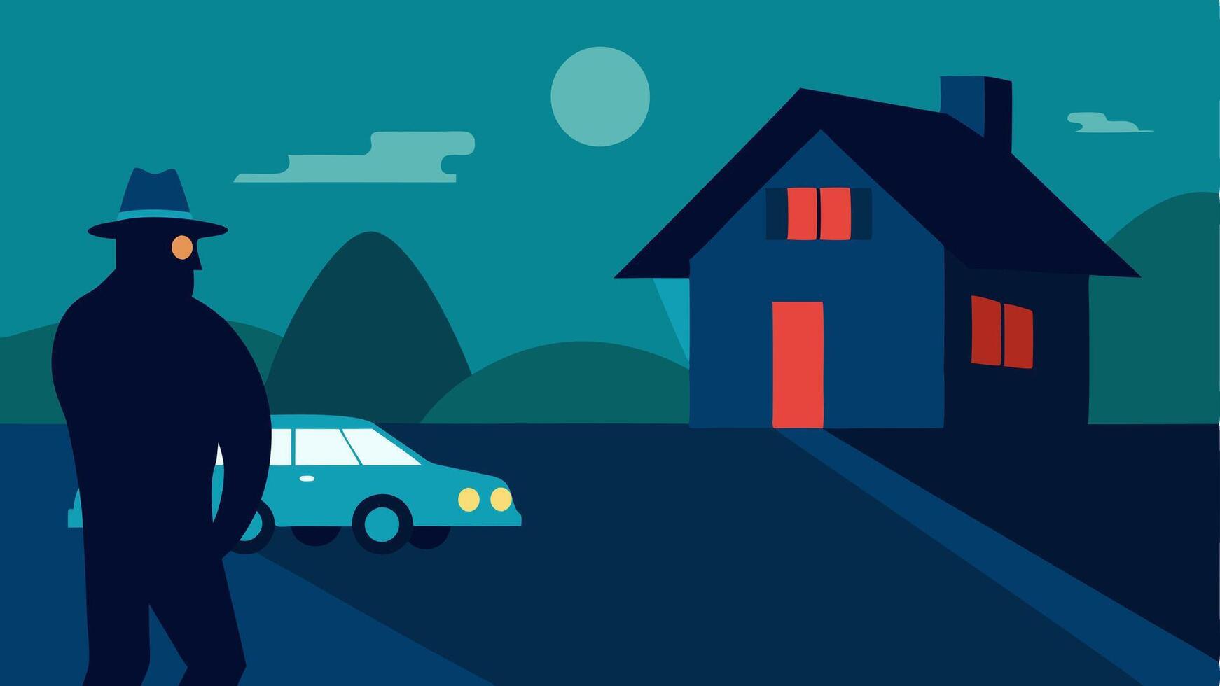 Suspect Movement A shadowy figure moving in front of the suspects house with the detective watching closely using binoculars from inside the car.. vector