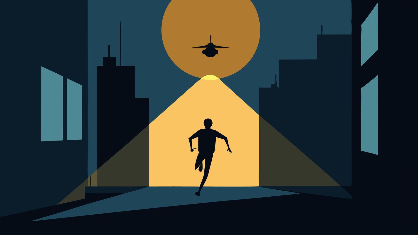 Silhouette in Motion A dark silhouette of a person sprinting through an urban alley illuminated by a bright circular beam from a helicopter above.. vector