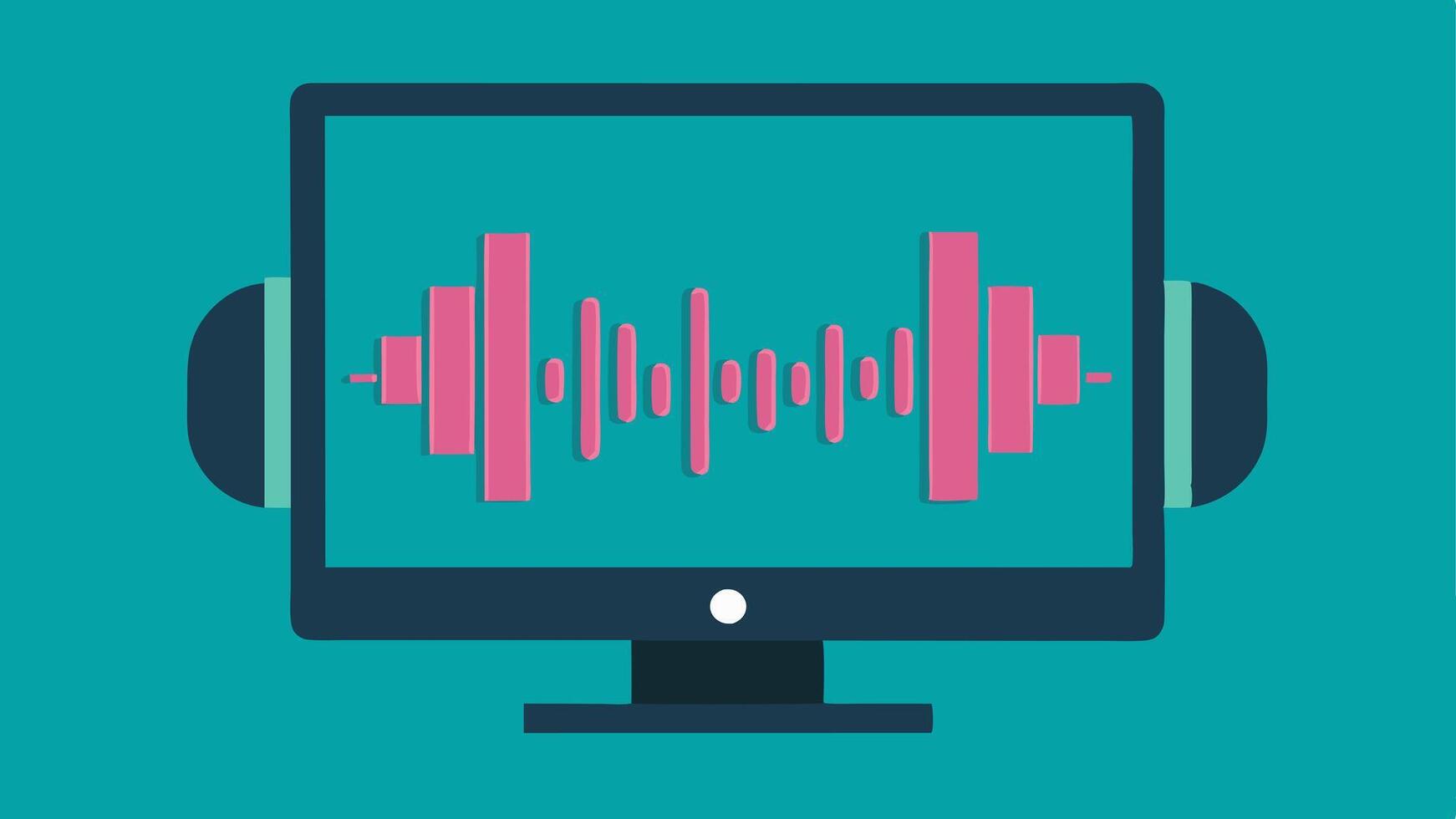 Sound Design A sound wave graphic on a computer screen with headphones resting on the keyboard reflecting the importance of audio editing in creating engaging videos.. vector