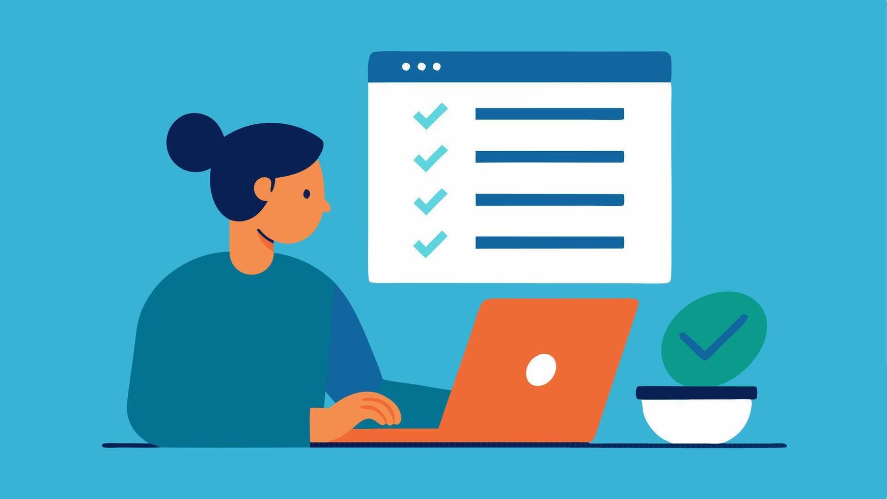 Webinar Preparation A closeup illustration of a planner typing on a laptop with a large checklist beside them marking off items like Speaker Confirmed and Agenda Finalized.. vector