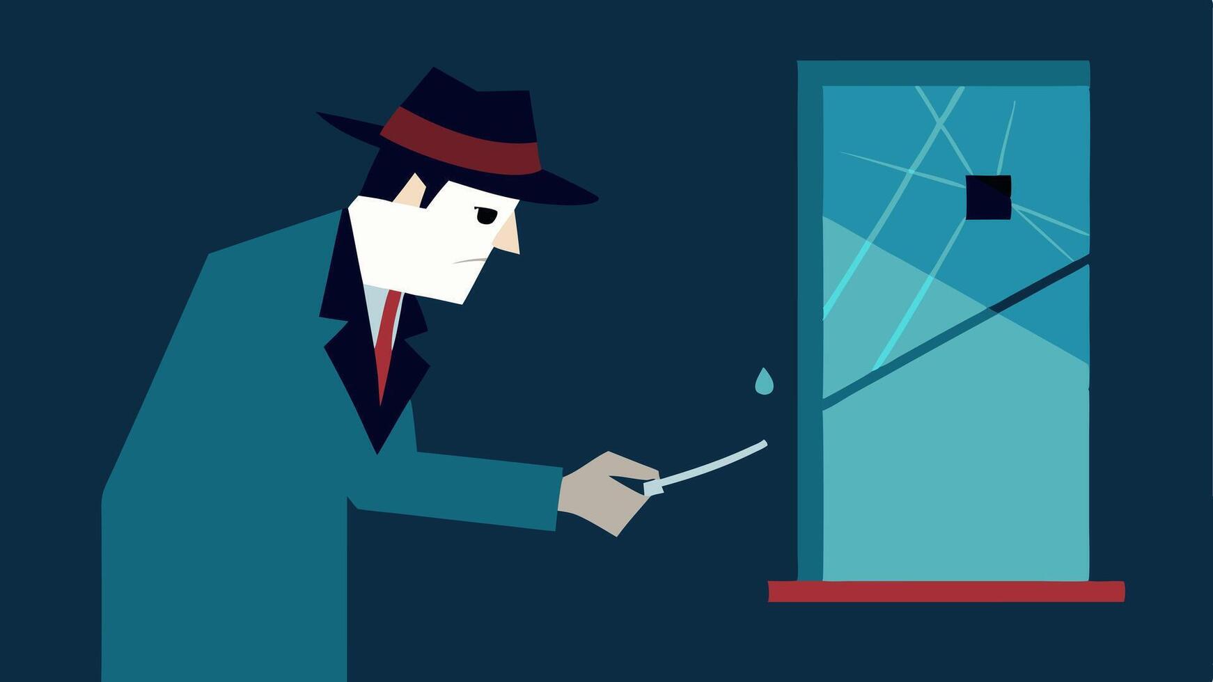 Tools in Action A depiction of the detective using tweezers to collect a small piece of glass as evidence with the broken window prominently displayed behind them.. vector