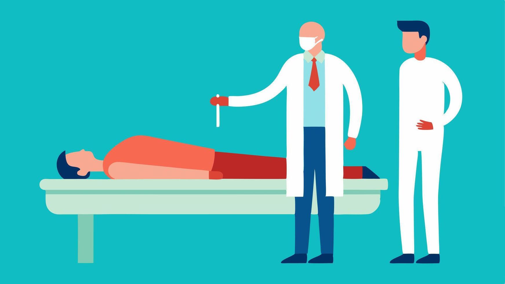 Visualization of Findings A pathologist inspects an open body cavity pointing out observations to a trainee at the autopsy table.. vector