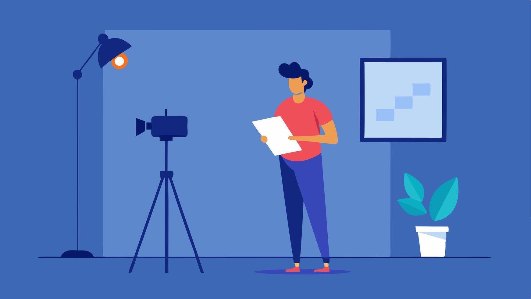Production An individual standing in front of a camera set up in a home studio adjusting the lighting while holding a script in hand.. vector