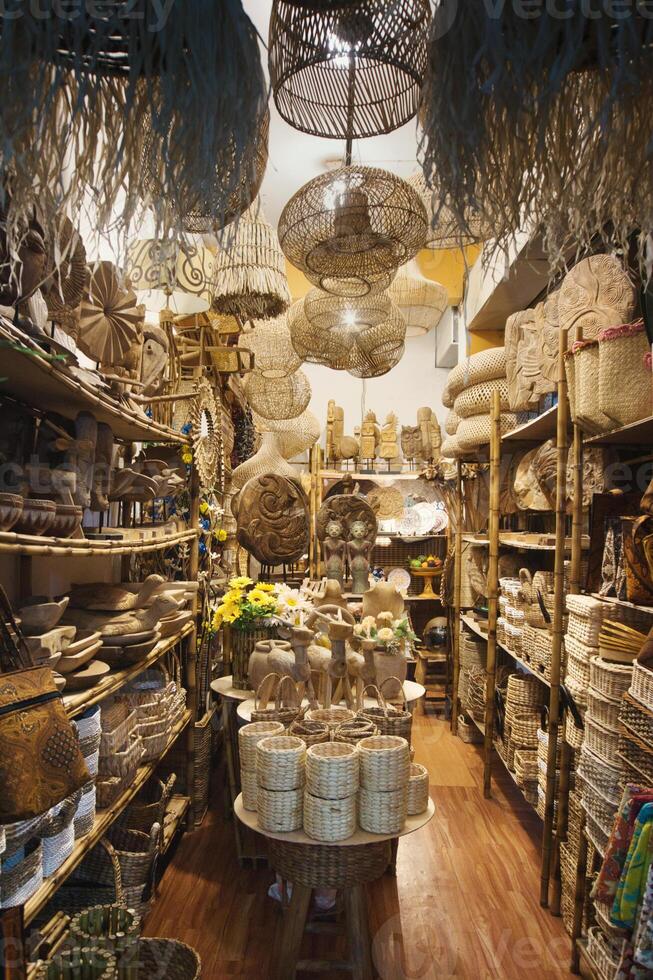 Traditional Handicraft Store Displaying Woven Baskets and Sculptures photo