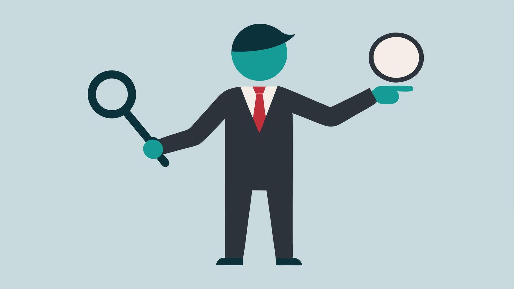 Symbolic Elements The witness points with one hand while holding a magnifying glass in the other symbolizing clarity and focus in identifying the suspect.. vector