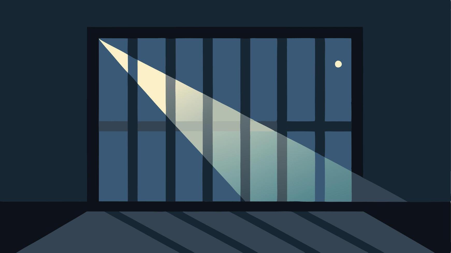 Window with Bars A closeup of a barred window at the end of the cell block highlighting the moonlight streaming through the bars and casting patterns on the floor.. vector