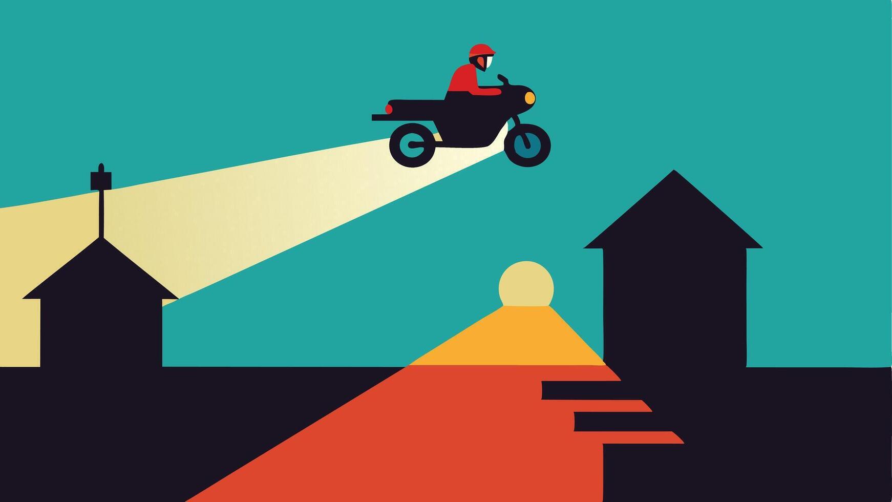 Urban Rooftop Chase A motorcycle ascending a ramp leading up to rooftops while a police helicopter hovers above shining its spotlight down.. vector